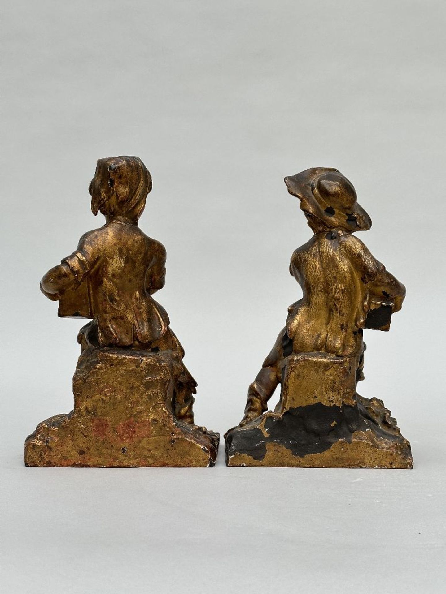 A pair of gilded cast iron figurines 'boy and girl', France 18th century - Image 3 of 5