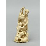 Japanese okimono 'lady with child, monkey and rabbit', Meiji period - signed