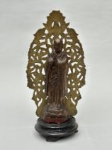 Lacquered bronze statue 'Arhat', late Ming dynasty (mounted on a plinth with copper low relief)