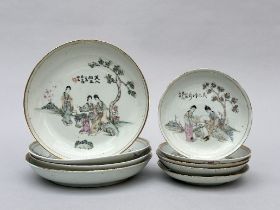 Four dishes and five plates in Chinese porcelain 'characters', Republic period