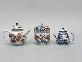 Collection of Imari porcelain: tea box and two teapots, 18th century