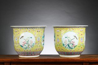 A pair of Chinese porcelain planters with yellow background 'birds', 19th century