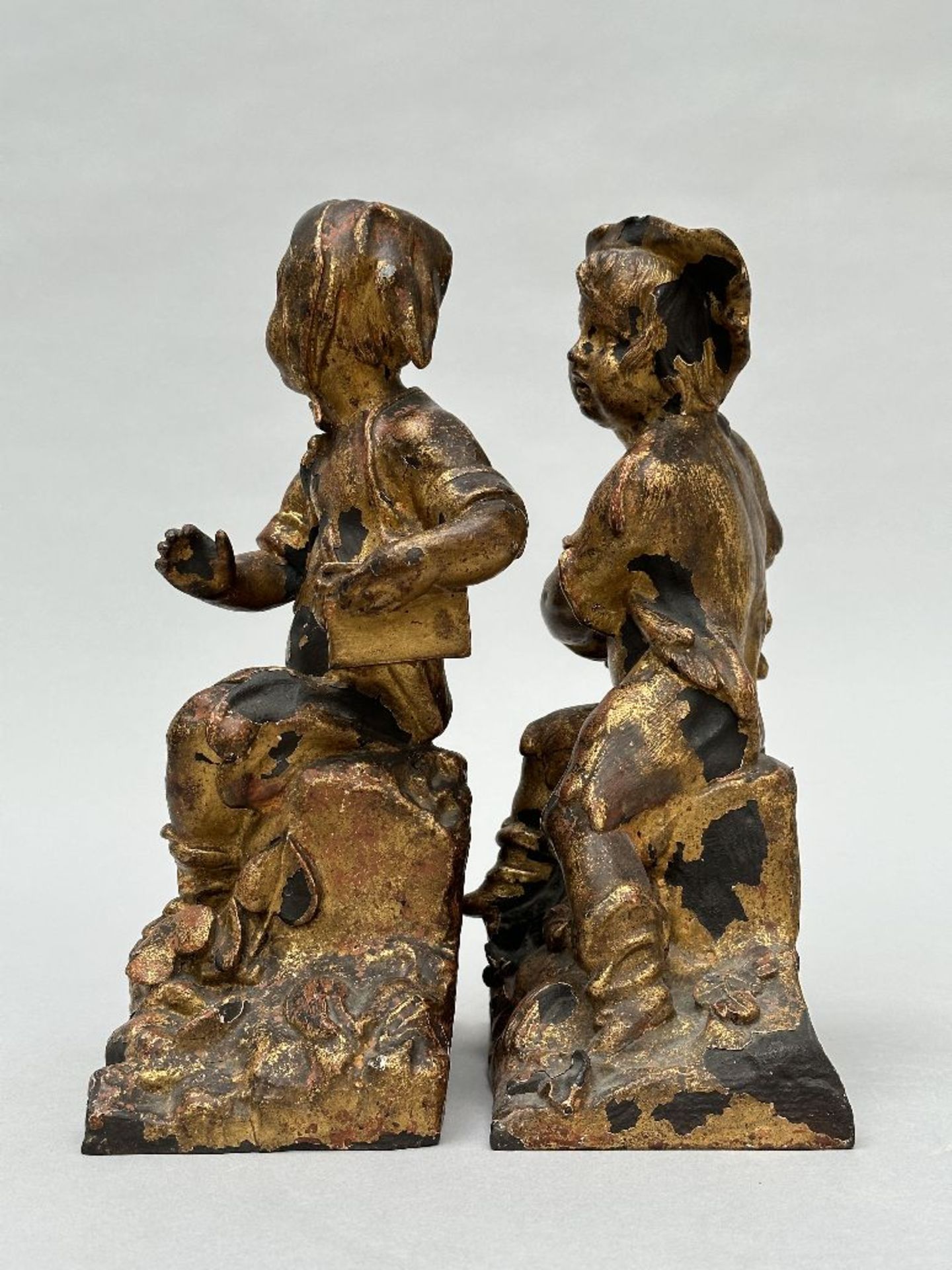 A pair of gilded cast iron figurines 'boy and girl', France 18th century - Image 2 of 5
