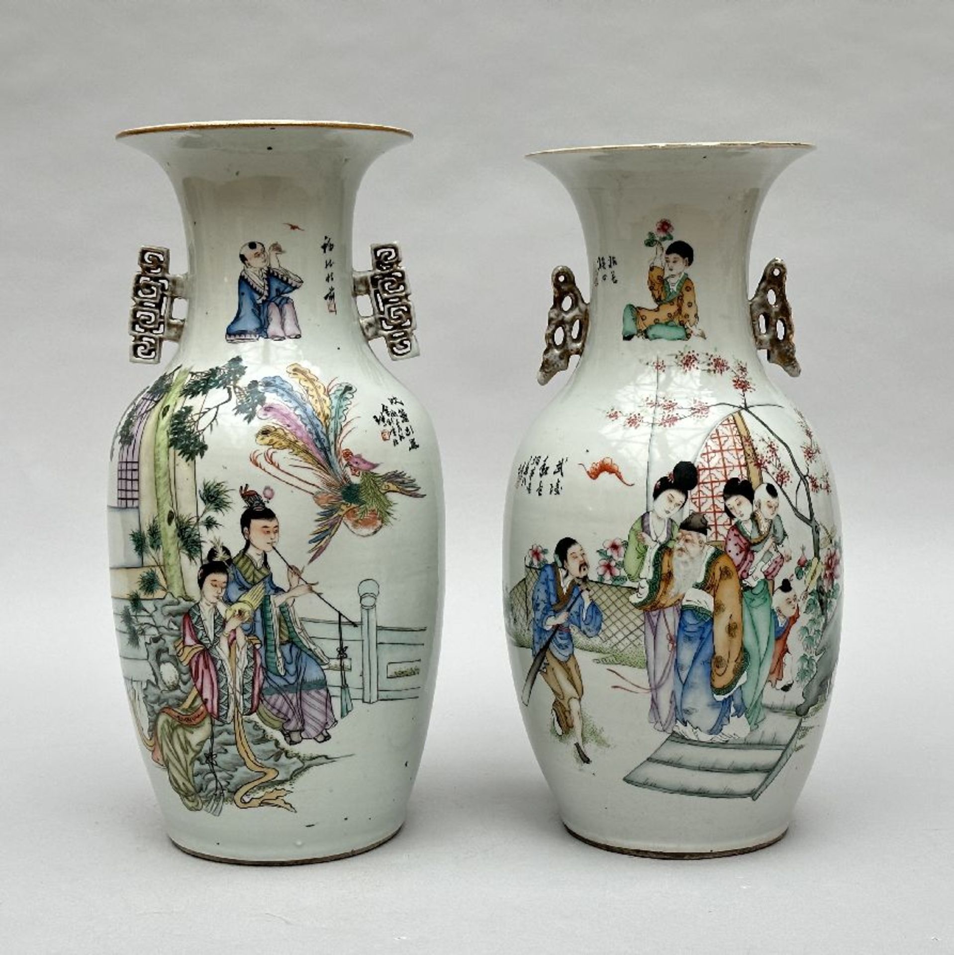 Lot: two Chinese porcelain vases 'ladies with phoenixes' and 'ladies with sages', Republic period