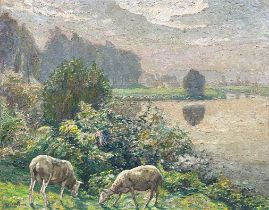 Leon De Smet: painting (o/c) 'spring view with sheep'