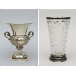 A crystal vase with silver rim by Wolfers and a silver vase, 19th century