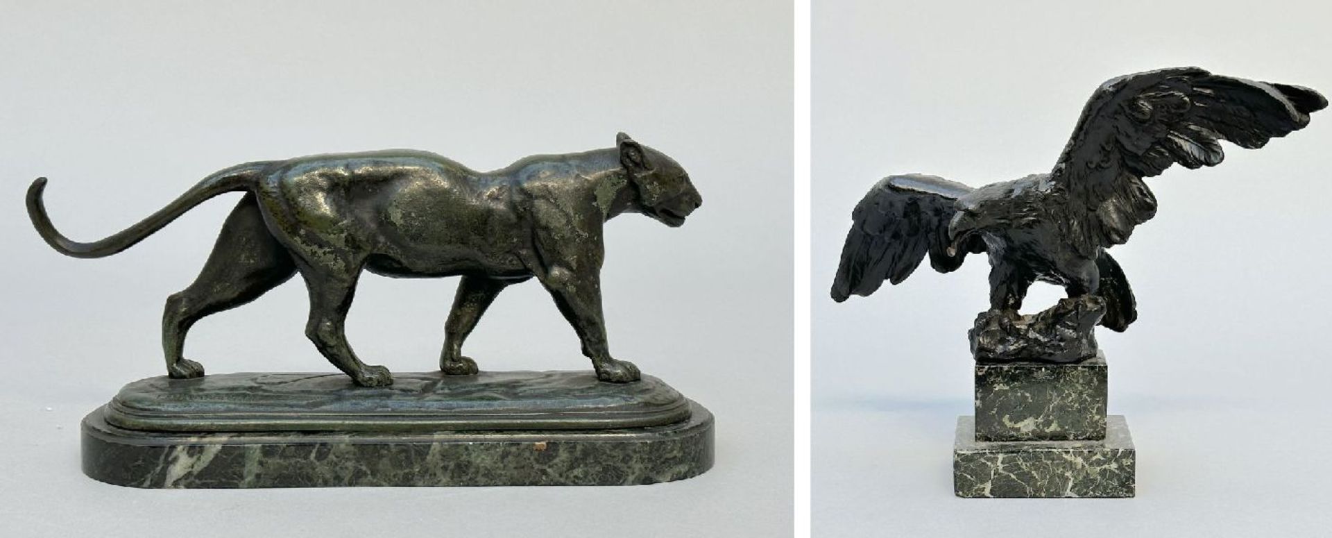 Edouard Delabrière: bronze statue 'tiger' and bronze statue 'eagle'