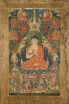 A fine Tibetan thangka 'Buddha Shakyamuni surrounded by lamas', 18th century (inscriptions)