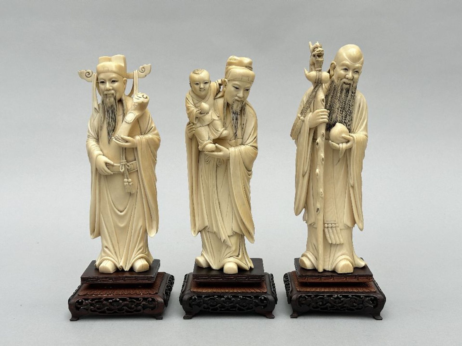 Three Chinese statues 'Fu Lu Shou', circa 1900