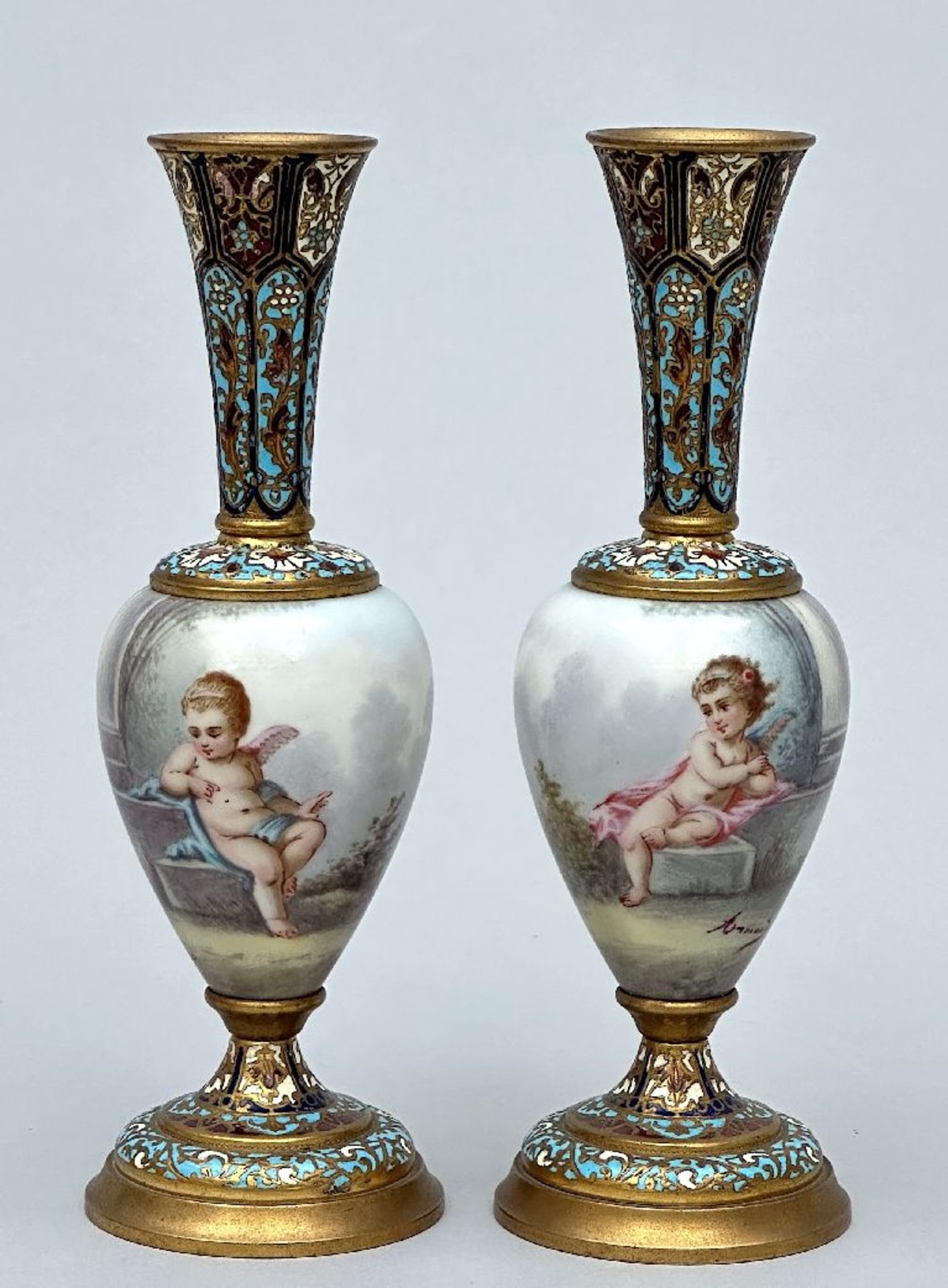 Pair of miniature vases in champlevé 'Putti'
