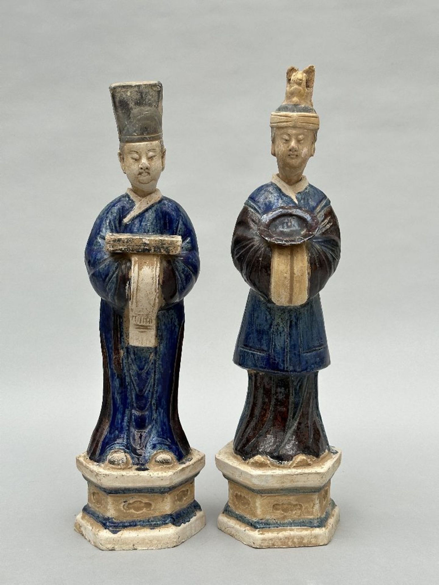 A pair of terracotta statues 'servants in blue robes' Ming dynasty (*)