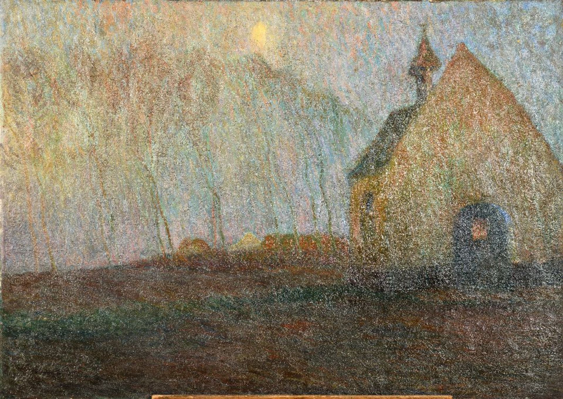 Gustave De Smet: painting (o/c) 'sunset near a chapel'
