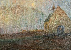 Gustave De Smet: painting (o/c) 'sunset near a chapel'