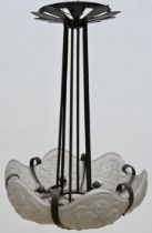 Art deco chandelier in glass and wrought iron