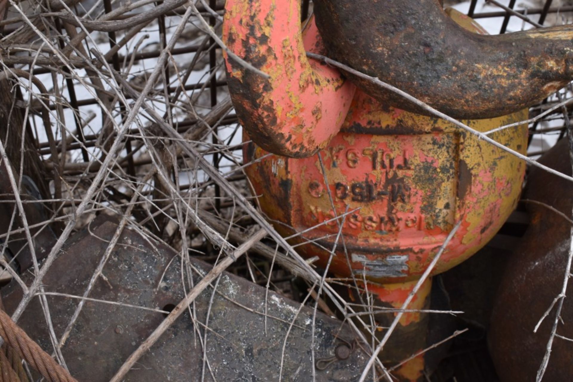 Metal Crate with 15 Ton Crane Hook, Probably a 25 Ton Crane Hook and Large Crane Pulley - Image 5 of 8