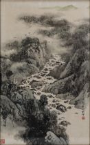 20TH CENTURY CHINESE LANDSCAPE PAINTING, depicting turbulent river and mountains, inscribed '