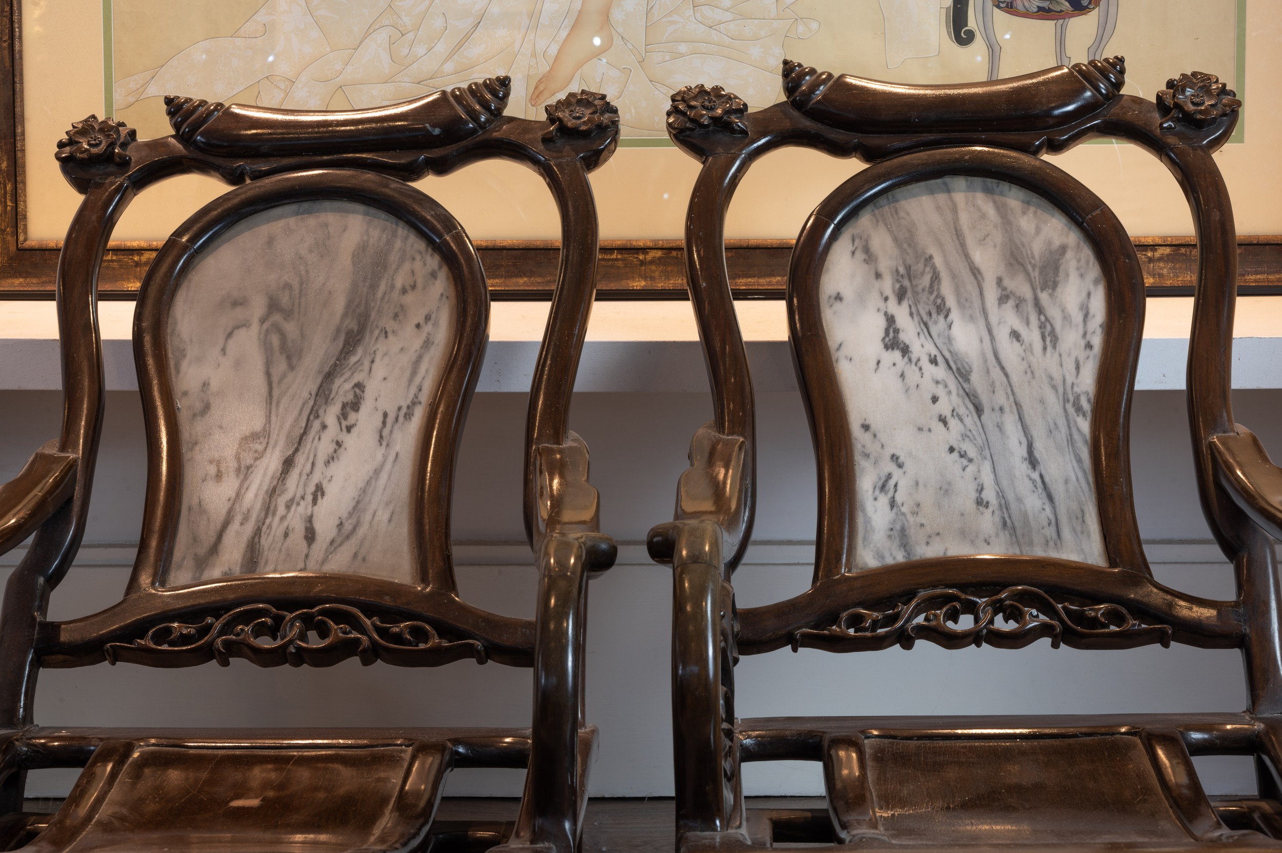 PAIR OF 20TH CENTURY CHINESE HARDWOOD 'MOON GAZING' CHAIRS, With floral carved headrests, Dali - Image 4 of 6