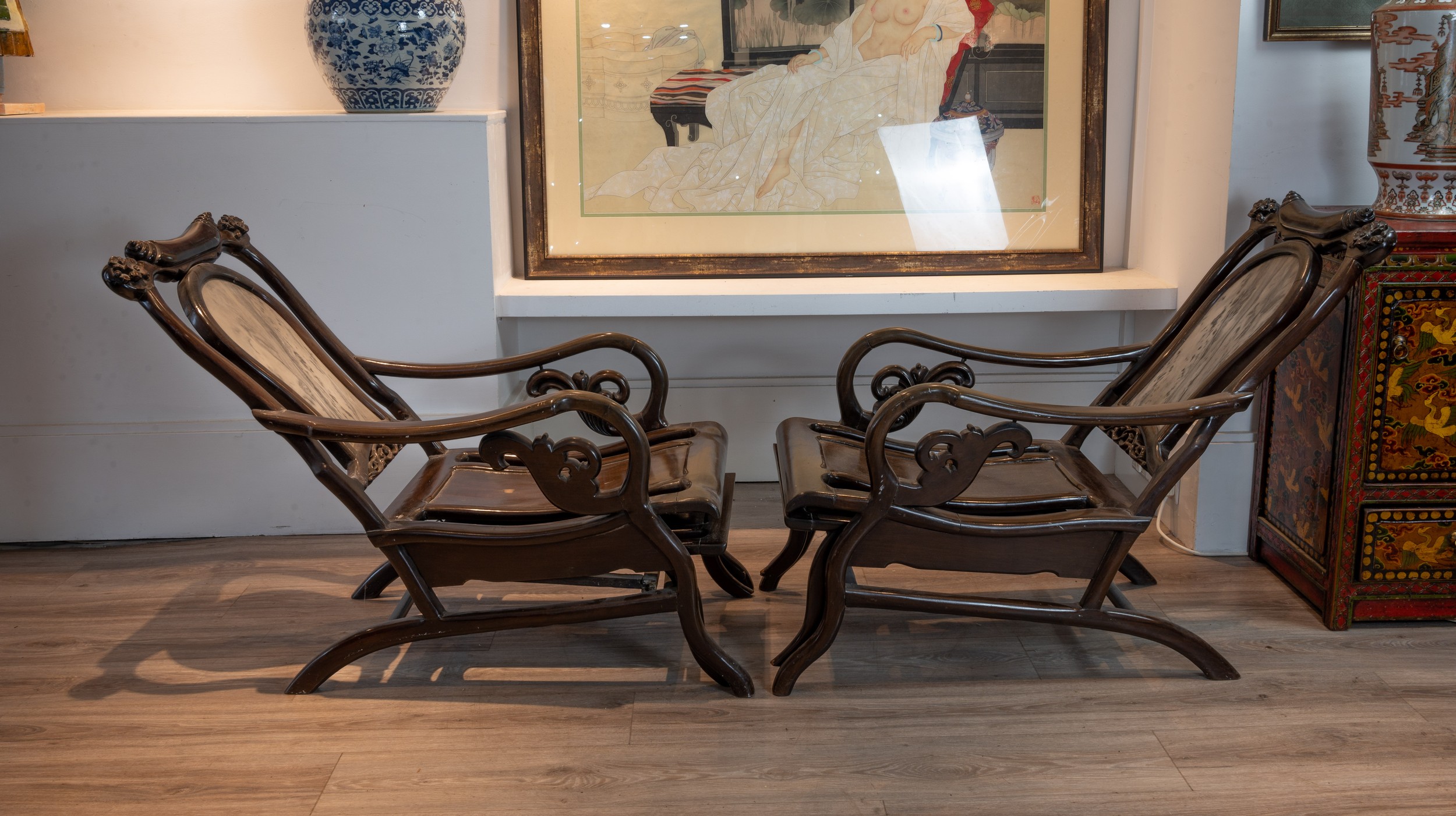 PAIR OF 20TH CENTURY CHINESE HARDWOOD 'MOON GAZING' CHAIRS, With floral carved headrests, Dali - Image 6 of 6