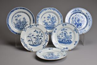 A GROUP OF SIX CHINESE BLUE AND WHITE PORCELAIN DISHES, 18TH CENTURY. An octagonal lobed dish with