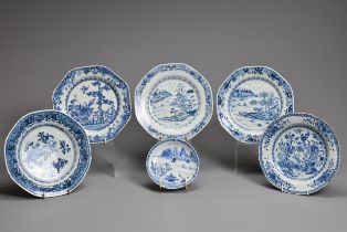 A GROUP OF CHINESE BLUE AND WHITE EXPORT PORCELAIN DISHES, 18TH CENTURY. To include five octagonal