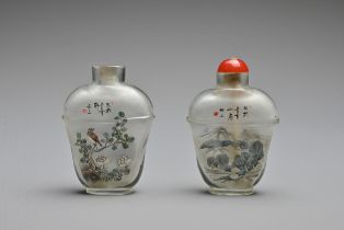 TWO CHINESE INSIDE PAINTED GLASS SNUFF BOTTLES, ATTRIBUTED TO LE SAN. Each with tapering bodies with