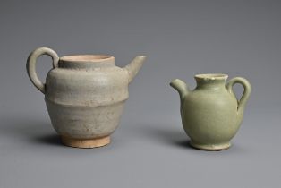 TWO CHINESE GLAZED POTTERY EWERS, YUAN / MING DYNASTY. The larger ewer covered in a greyish glaze