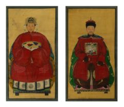 CHINESE SCHOOL, 20TH CENTURY - Pair of Ancestor Portraits of Gentleman and Lady, ink and