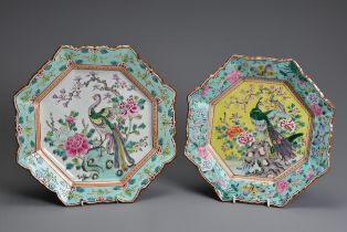 TWO 19TH CENTURY JAPANESE CANTON FAMILLE ROSE OCTAGONAL DISHES, heavily potted with petal lobed rim,