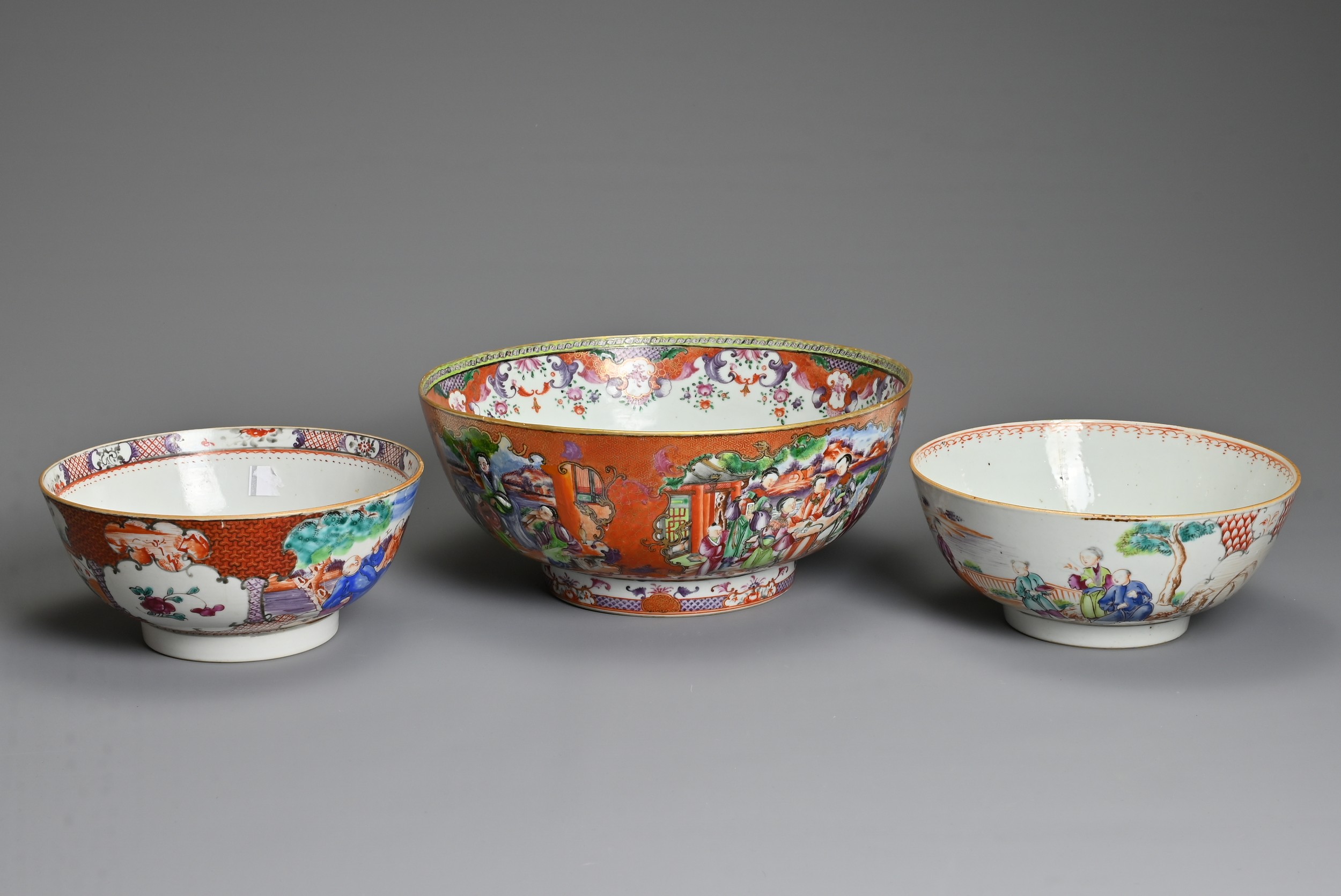 THREE CHINESE FAMILLE ROSE PORCELAIN BOWLS, 18TH CENTURY. Of graduating sizes decorated with various - Image 2 of 6