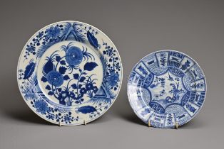 TWO CHINESE BLUE AND WHITE PORCELAIN DISHES, KANGXI PERIOD. Each decorated with various floral