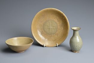 THREE CHINESE CELADON GLAZED PORCELAIN ITEMS, SONG TO MING DYNASTY. To include a thickly potted