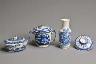 A GROUP OF FOUR CHINESE BLUE AND WHITE PORCELAIN ITEMS, 18/19TH CENTURY. To include a vase decorated