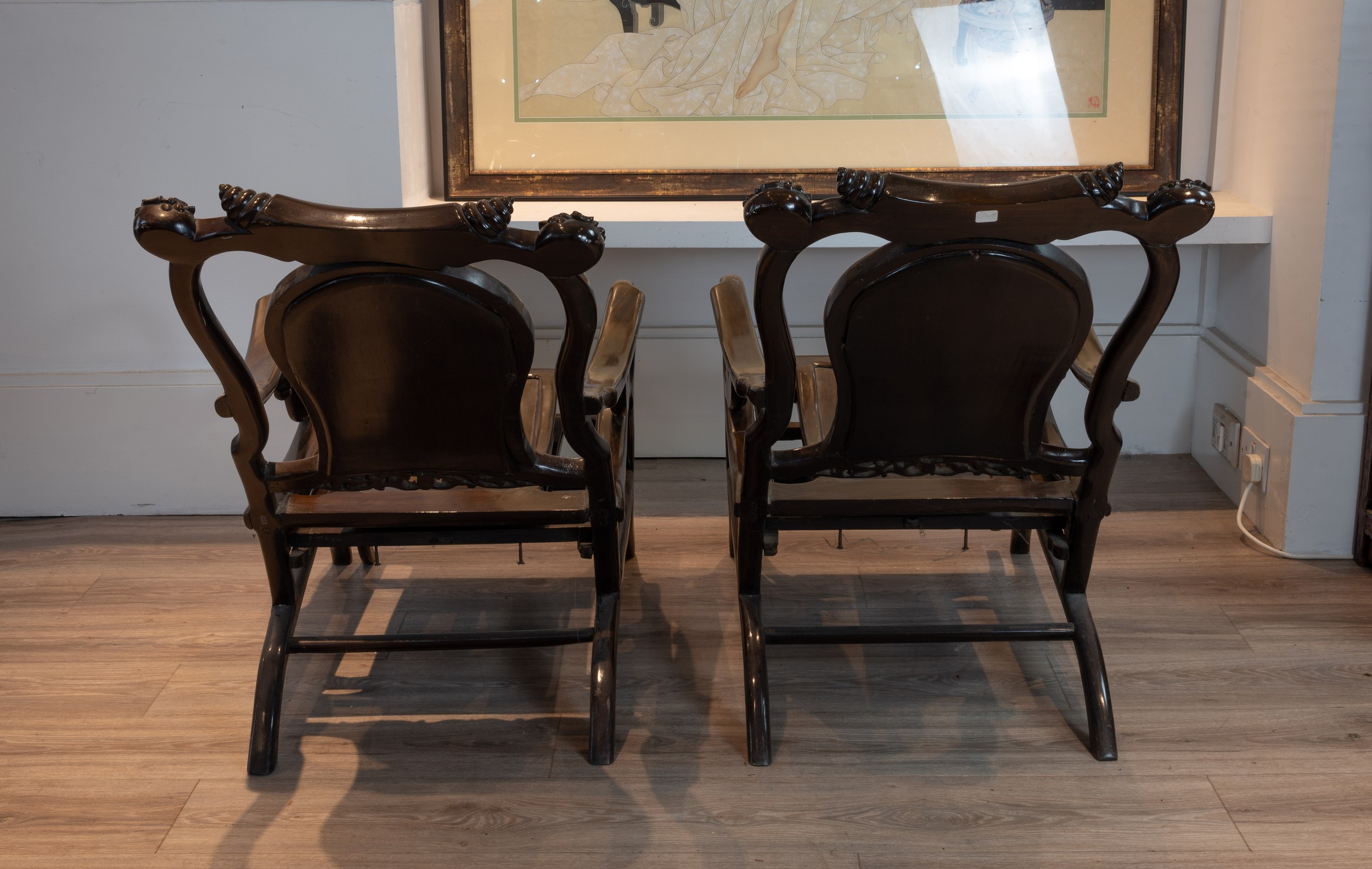 PAIR OF 20TH CENTURY CHINESE HARDWOOD 'MOON GAZING' CHAIRS, With floral carved headrests, Dali - Image 3 of 6