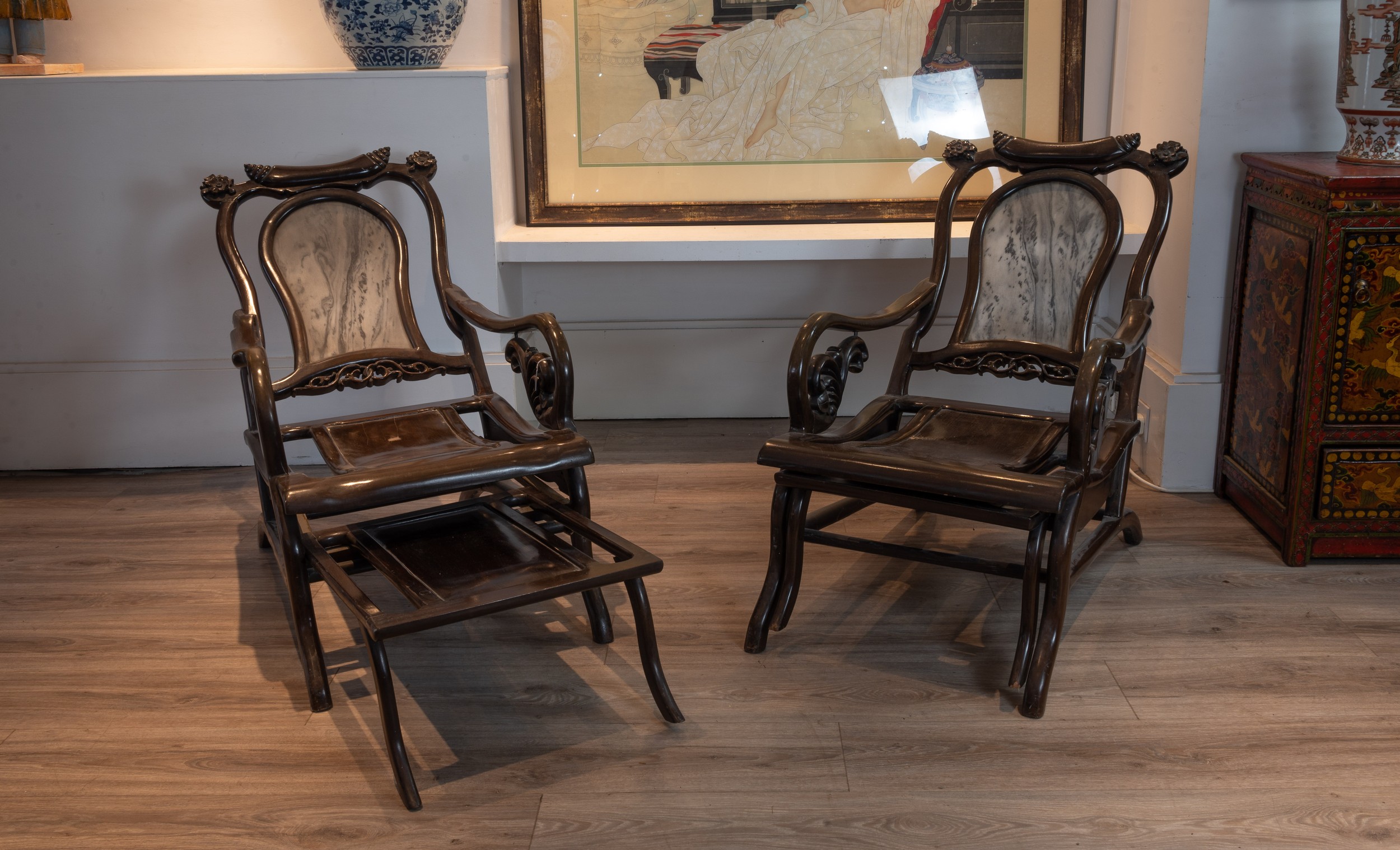 PAIR OF 20TH CENTURY CHINESE HARDWOOD 'MOON GAZING' CHAIRS, With floral carved headrests, Dali