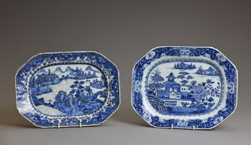 TWO CHINESE BLUE AND WHITE EXPORT PORCELAIN MEAT DISHES, 18TH CENTURY. Each similarly decorated with