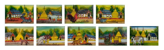 A GROUP OF NINE THAI REVERSE GLASS EGLOMISE PAINTINGS OF ANIMAL ZODIACS, 20TH CENTURY. Each framed