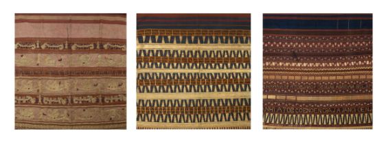 THREE INDONESIAN SUMATRAN LAMPUNG GOLD THREAD CEREMONIAL TAPIS SARONGS, EARLY 20TH CENTURY.