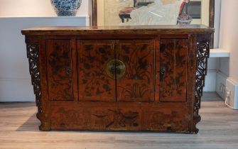 EARLY 20TH CENTURY CHINESE LACQUERED ALTAR TABLE, with carved dragon panels on either side and