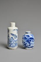 TWO CHINESE BLUE AND WHITE PORCELAIN SNUFF BOTTLES, 19TH CENTURY. To include a cylindrical bottle