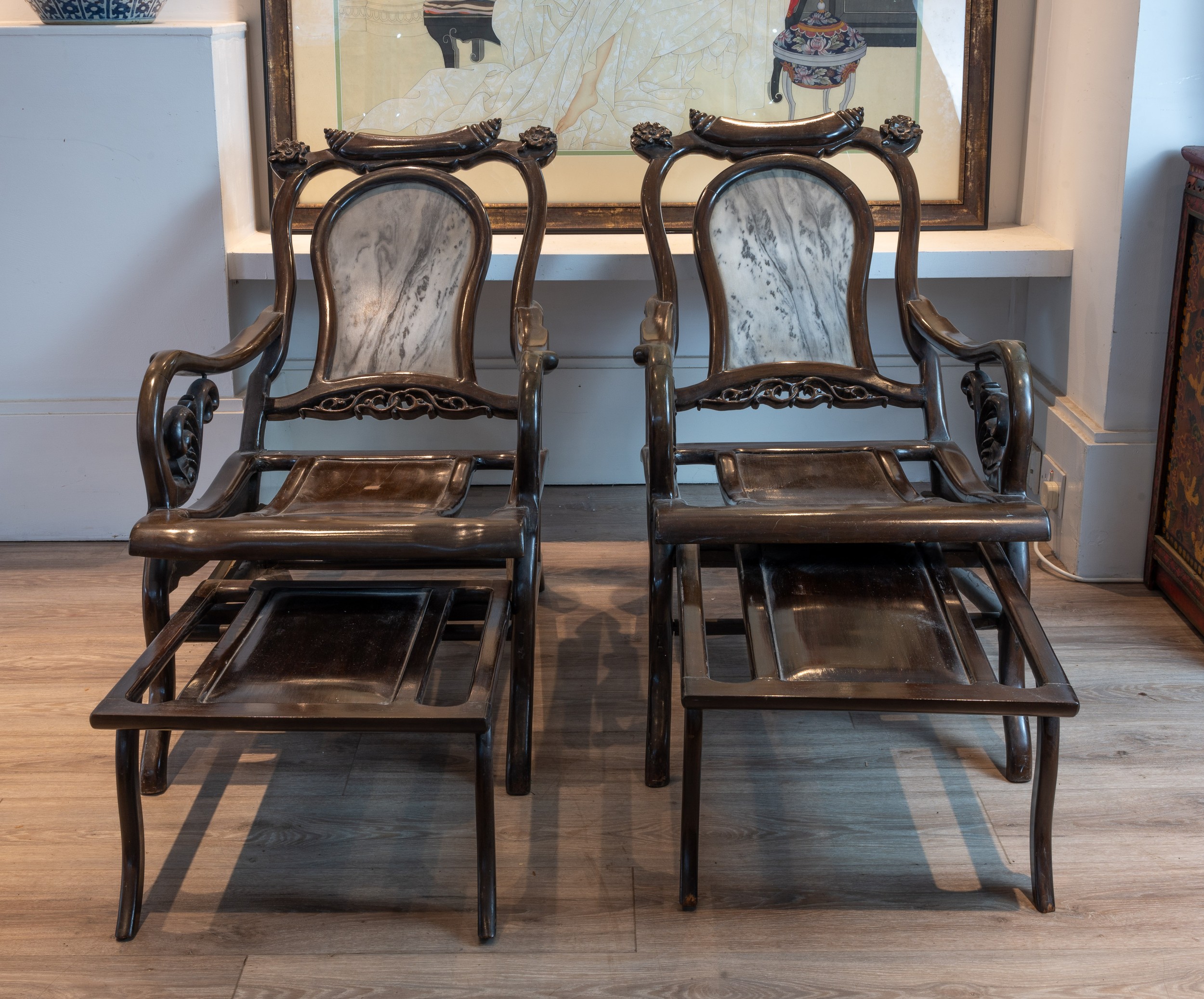 PAIR OF 20TH CENTURY CHINESE HARDWOOD 'MOON GAZING' CHAIRS, With floral carved headrests, Dali - Image 5 of 6