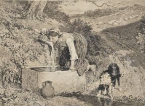 ARTHUR E. COOMBE AFTER MYLES BIRKETT FOSTER (1825-1899) - 'Girl by the Stream with Sheepdog',