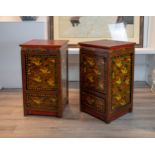 PAIR OF EARLY 20TH CENTURY TIBETAN POLYCHROME LACQUERED CABINETS, of square form each with a planked