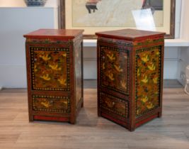 PAIR OF EARLY 20TH CENTURY TIBETAN POLYCHROME LACQUERED CABINETS, of square form each with a planked