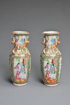 A PAIR OF CHINESE CANTON FAMILLE ROSE PORCELAIN VASES, 19TH CENTURY. Rose Medallion decoration of