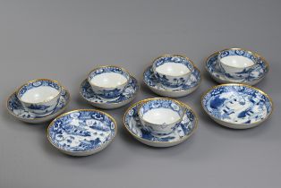 A GROUP OF CHINESE BLUE AND WHITE EXPORT PORCELAIN CUPS AND SAUCERS, 18TH CENTURY. All matched in