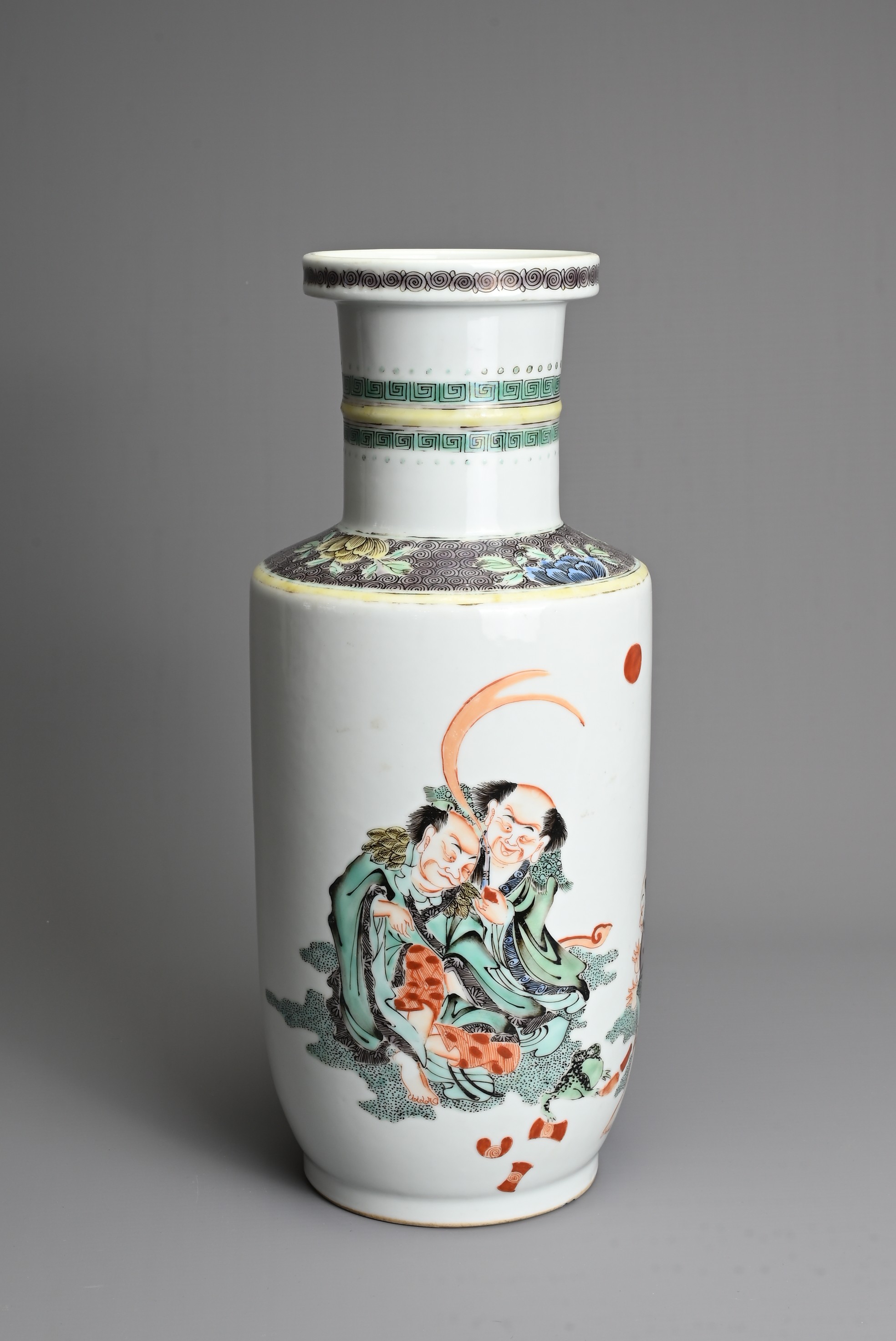 A CHINESE FAMILLE VERTE PORCELAIN ROULEAU VASE, LATE QING DYNASTY. Decorated with Immortals, Liu Hai - Image 4 of 7
