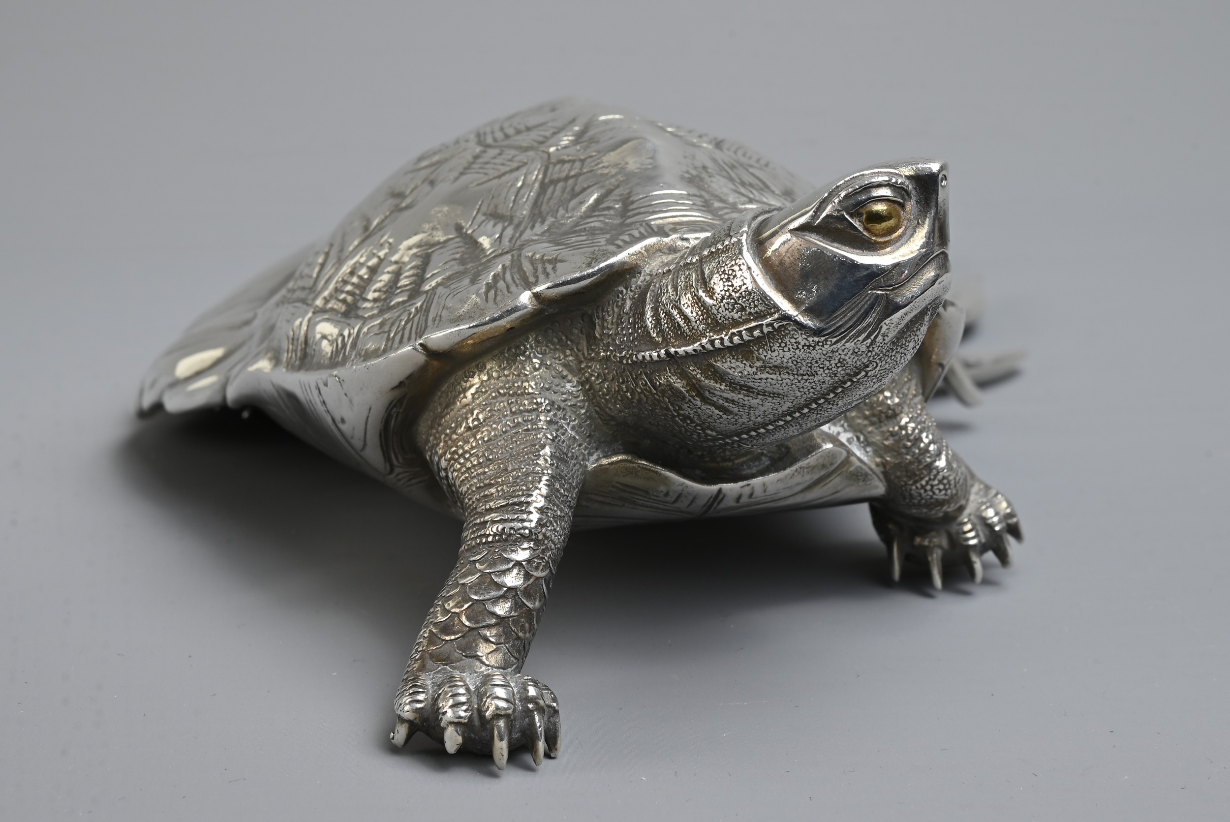 A 20TH CENTURY JAPANESE SILVER OKIMONO OF A MINOGAME. The mythical turtle depicted with a typical - Image 8 of 8