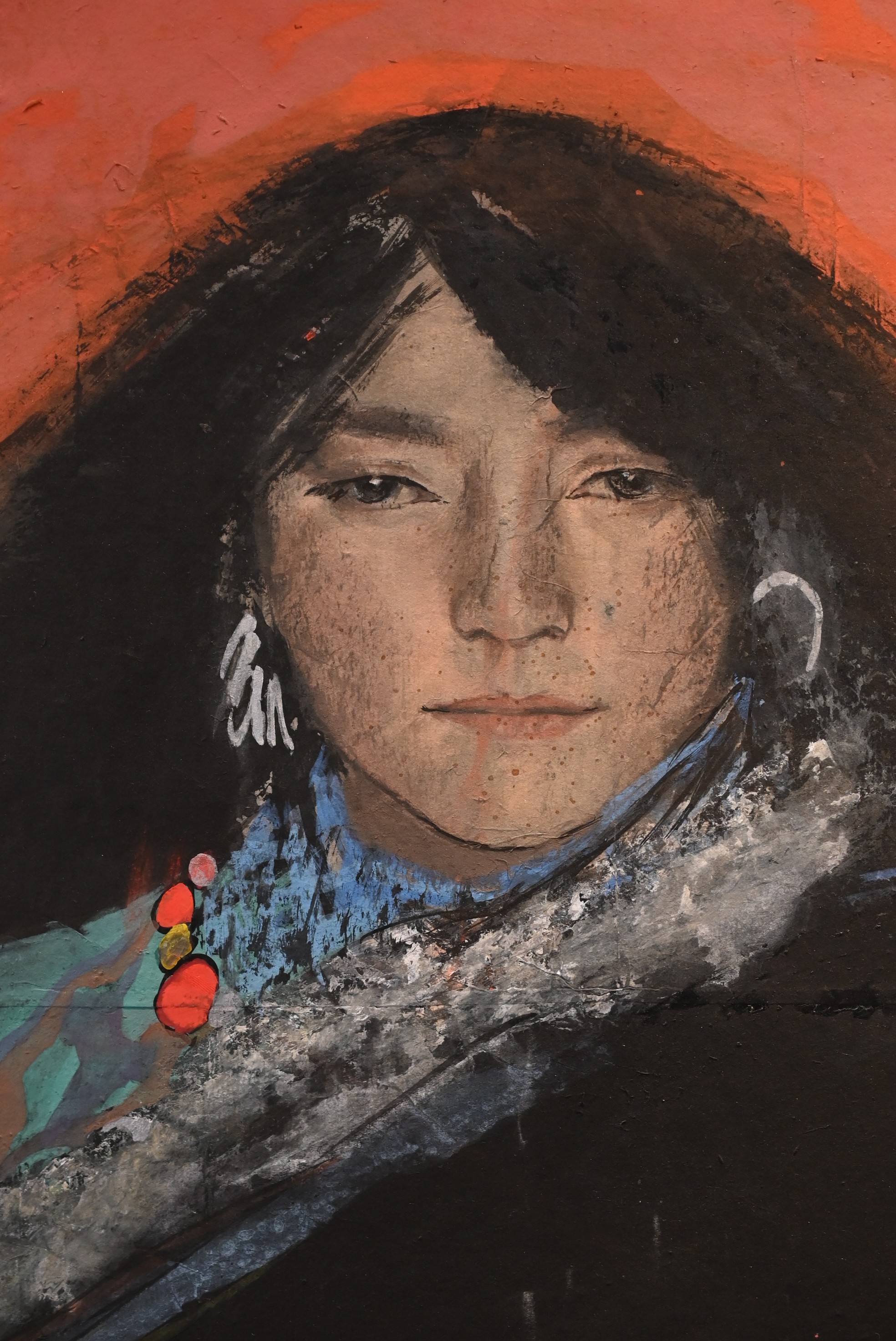 WANG QING, SHANGHAI CHINA, TIBETAN GIRL, DATE 1990. Oil on board, in wood frame. Signed lower - Image 2 of 7