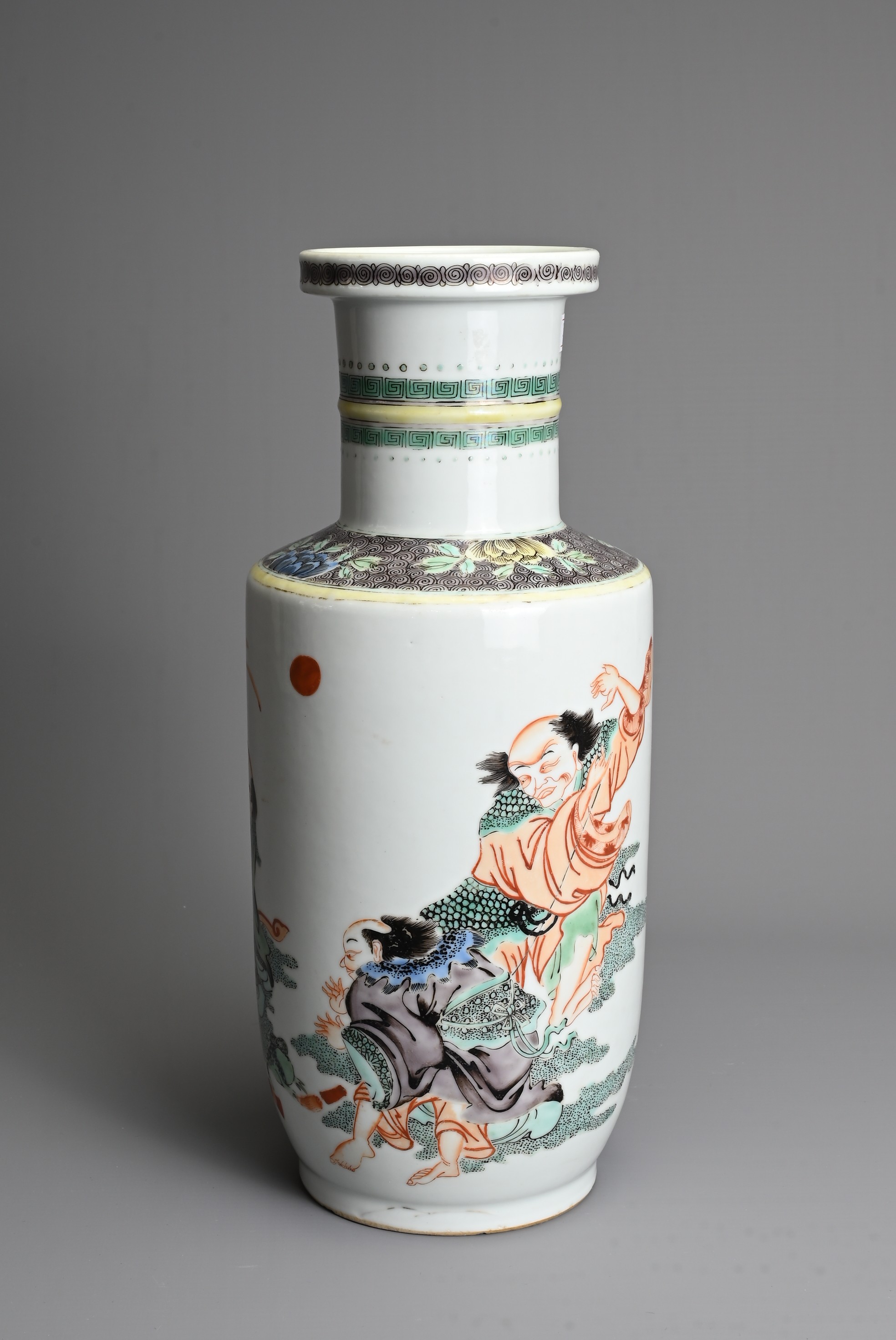 A CHINESE FAMILLE VERTE PORCELAIN ROULEAU VASE, LATE QING DYNASTY. Decorated with Immortals, Liu Hai - Image 2 of 7