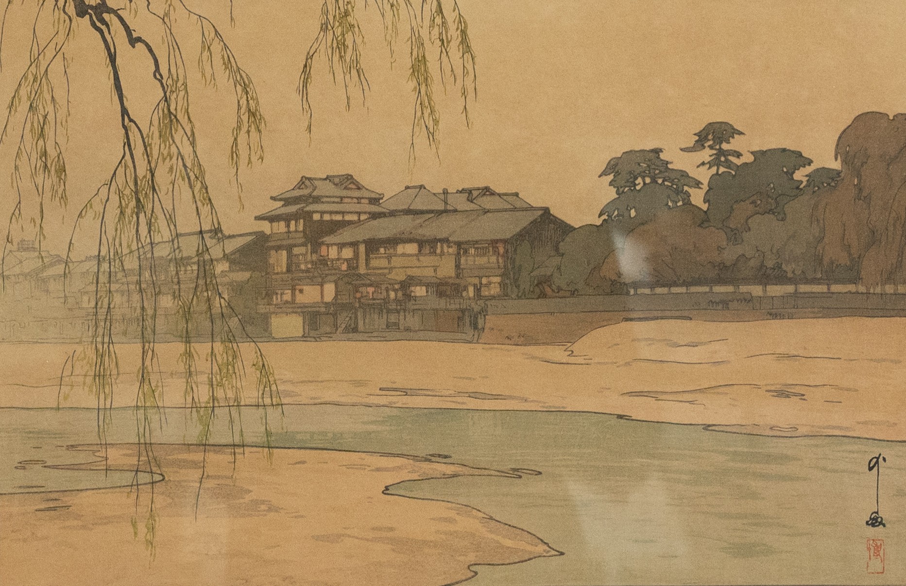 HIROSHI YOSHIDA, JAPAN (1876-1950), Kamogawa in Kyoto, 1933. A Japanese woodblock print signed - Image 4 of 4